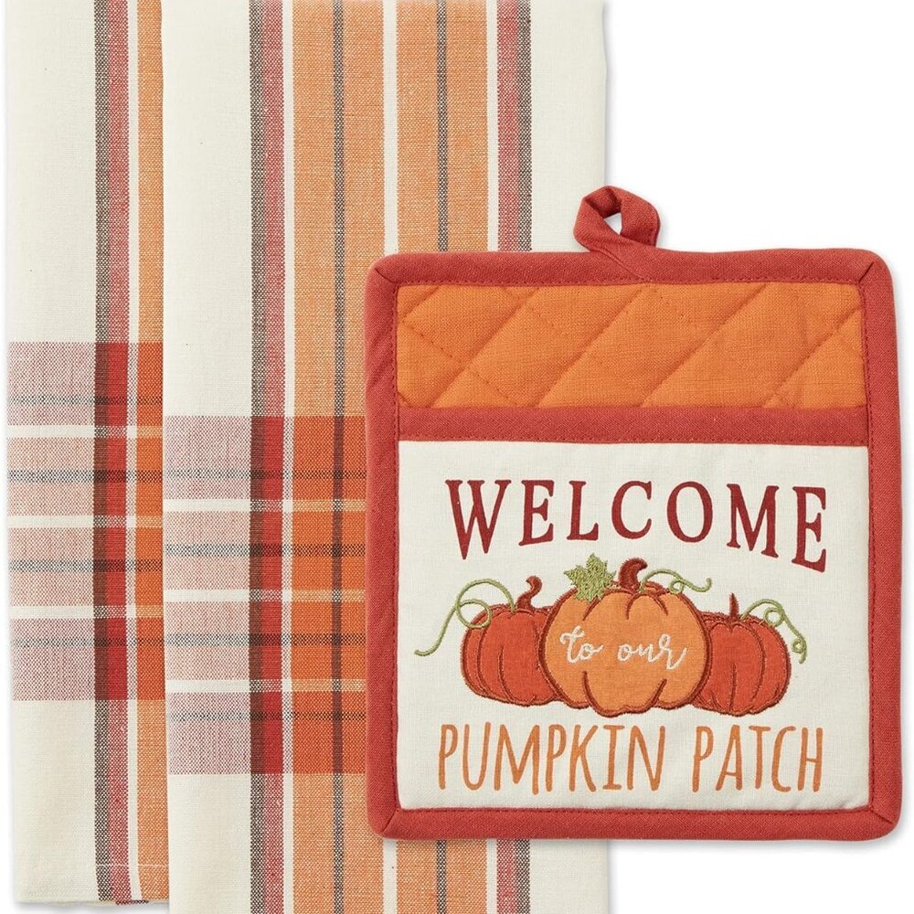 Fall Kitchen Décor Collection Dish Towel & Potholder Hostess Gift Set, Pumpkin P